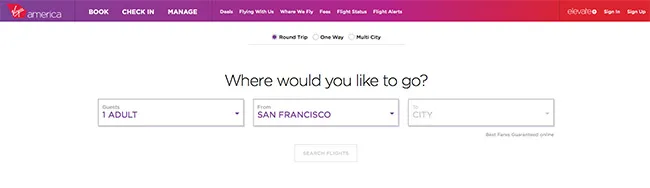 Virgin America's booking interface